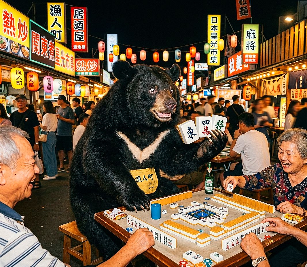 台中南屯新地標打牌,台灣熊愛在夜市打麻將,台灣黑熊打麻將,居酒屋後巷熊掌摸牌,國寶熊界雀聖漁人町親善大使,台中漁人町日本星光市集揪團打牌,台啤配麻將,東風四萬發財